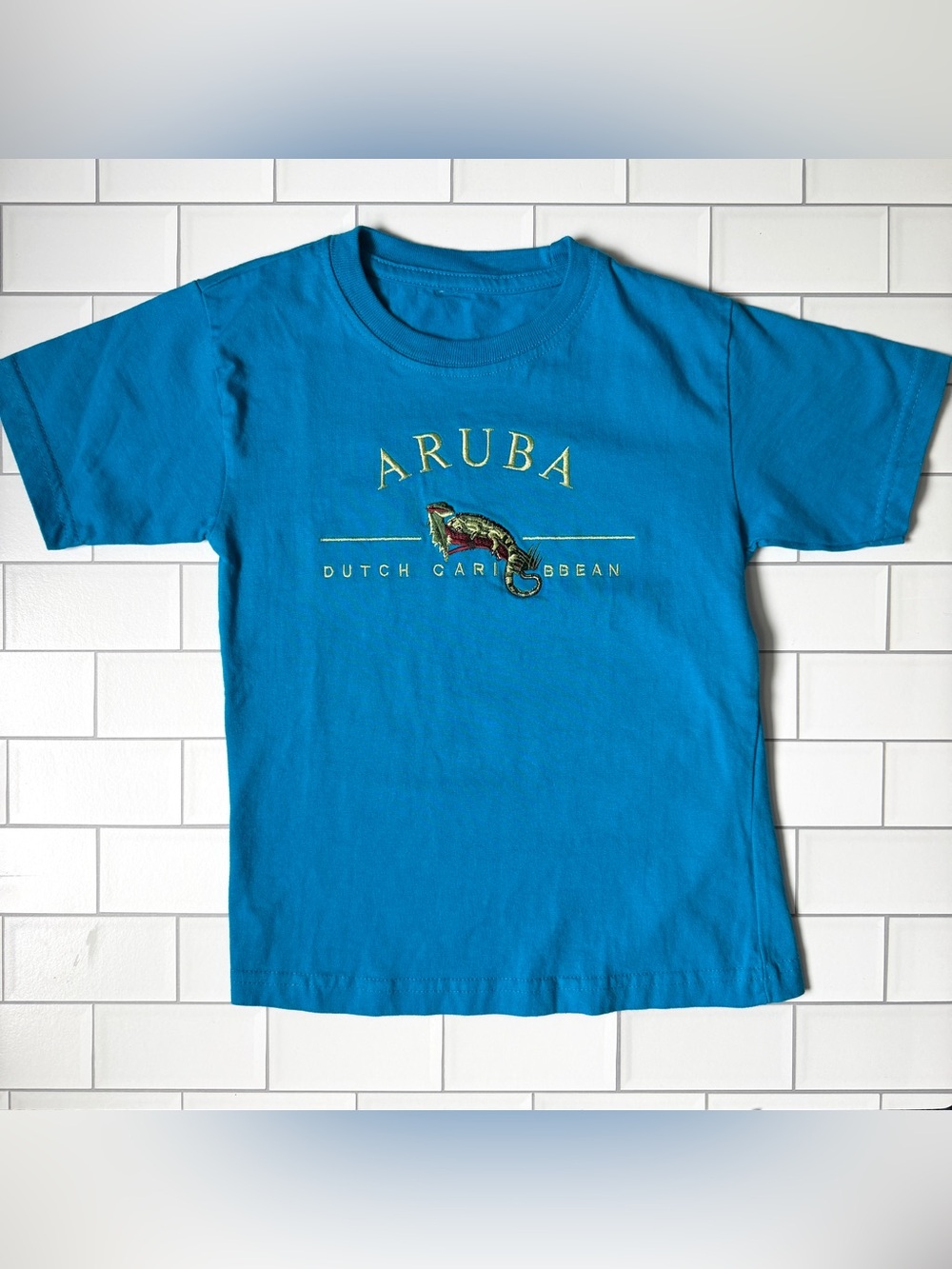 5🦎- Aruba Embroidered Iguana Graphic Tee for Kids - Turquoise Blue